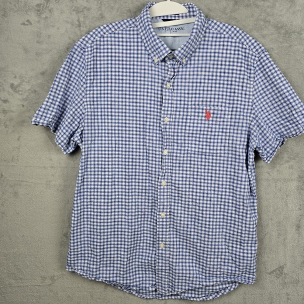 US Polo Assn Mens Large Blue‎ White Plaid Short Sleeve Stretch Button Down Shirt